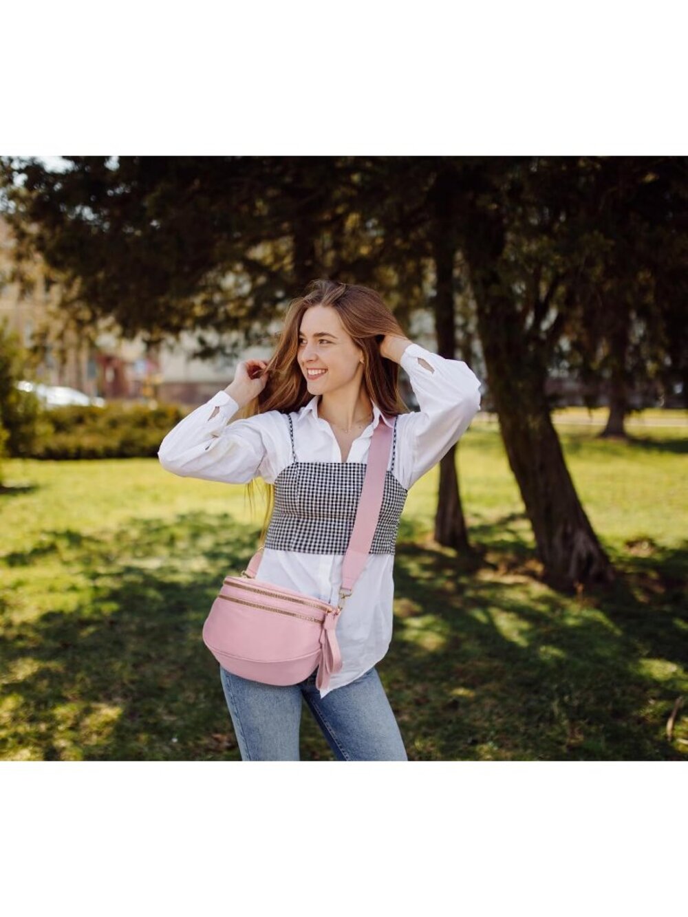 Women's Pink Pure Color Checkered Nylon Fanny Pack Travel Crossbody Bag